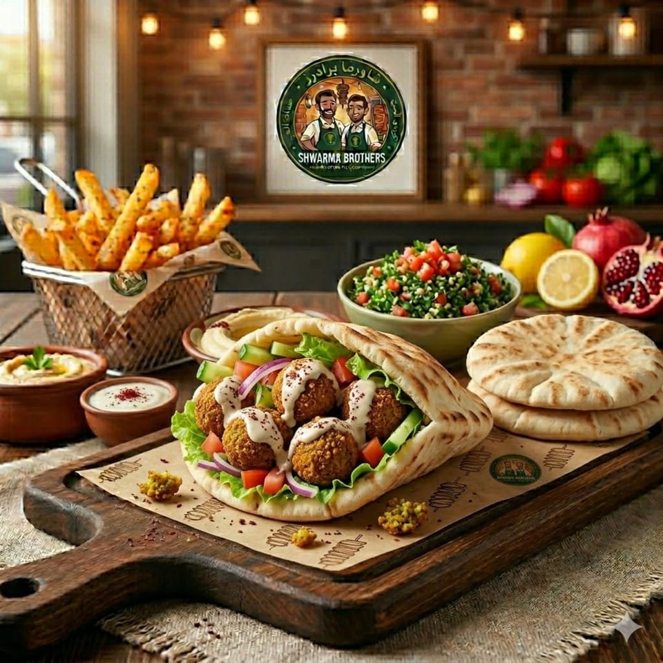 A Shawarma Brothers falafel pita, fries, hummus, tabbouleh, and pita bread on a wooden board.