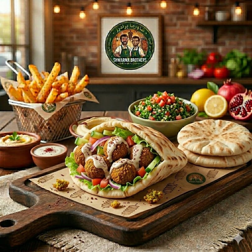 A Shawarma Brothers falafel pita, fries, hummus, tabbouleh, and pita bread on a wooden board.