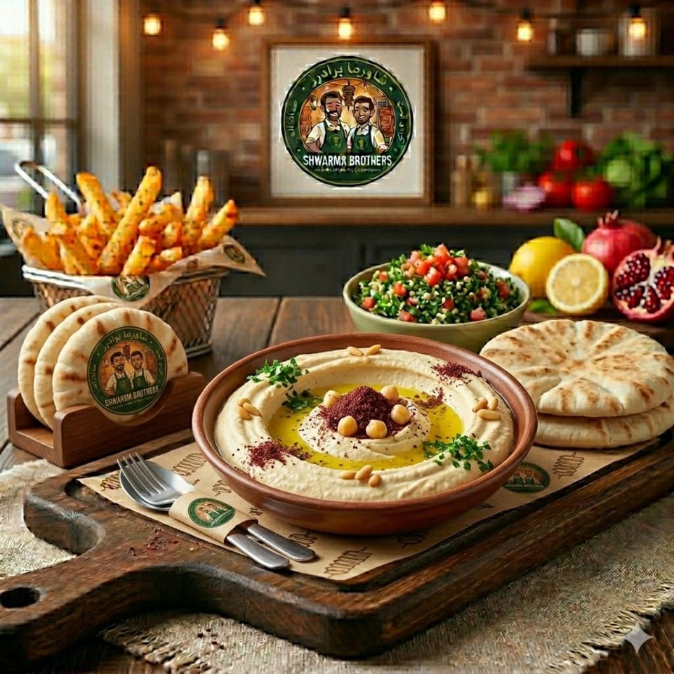 A Shawarma Brothers meal with hummus, pita, fries, and tabbouleh on a wooden table.