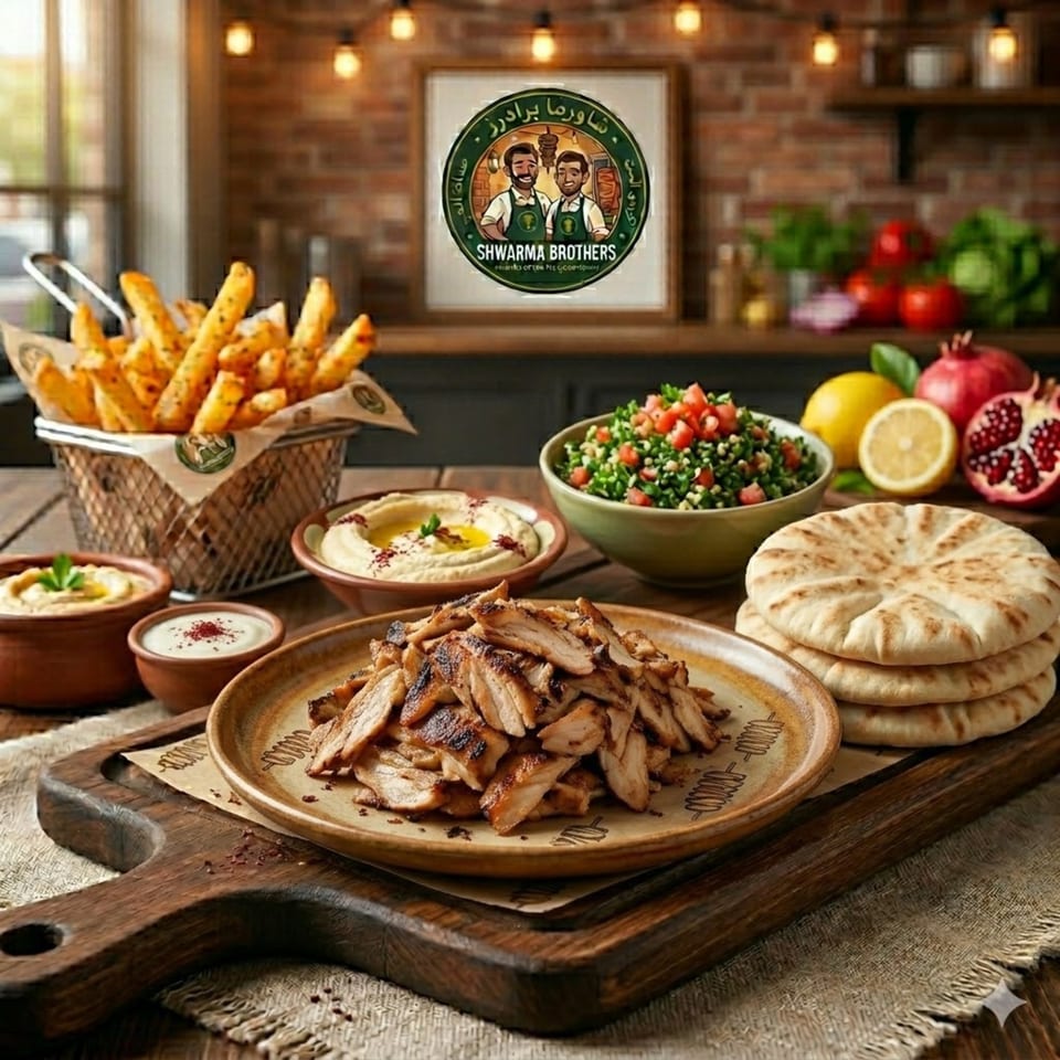 A Shawarma Brothers meal with chicken, fries, hummus, pita, tabbouleh, and fresh fruit on a wooden table.