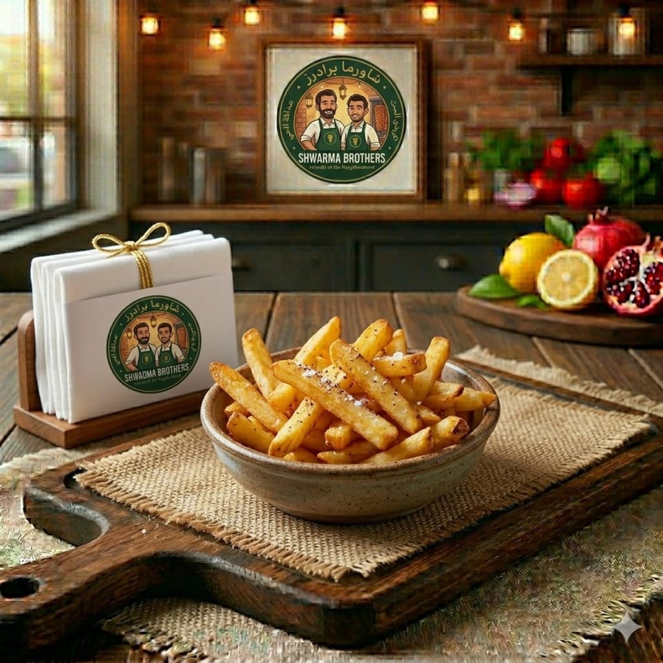 A bowl of golden french fries with salt and pepper, napkins, and fruit on a wooden table.