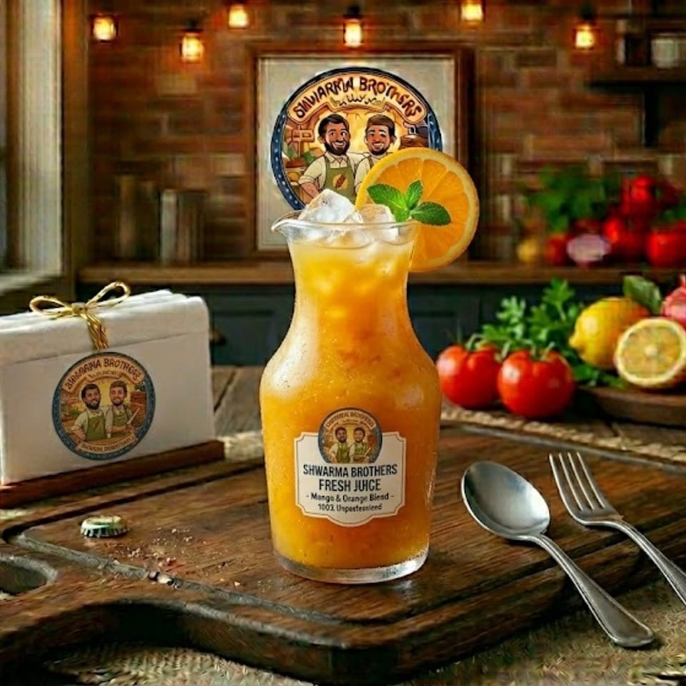 Shawarma Brothers fresh mango and orange juice in a pitcher with a gift box and produce.
