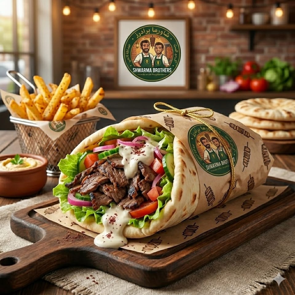 A Shawarma Brothers wrap with meat, vegetables, and sauce, served with fries and hummus.