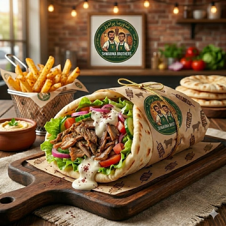 A Shawarma Brothers wrap with fries, hummus, and pita bread on a wooden board.