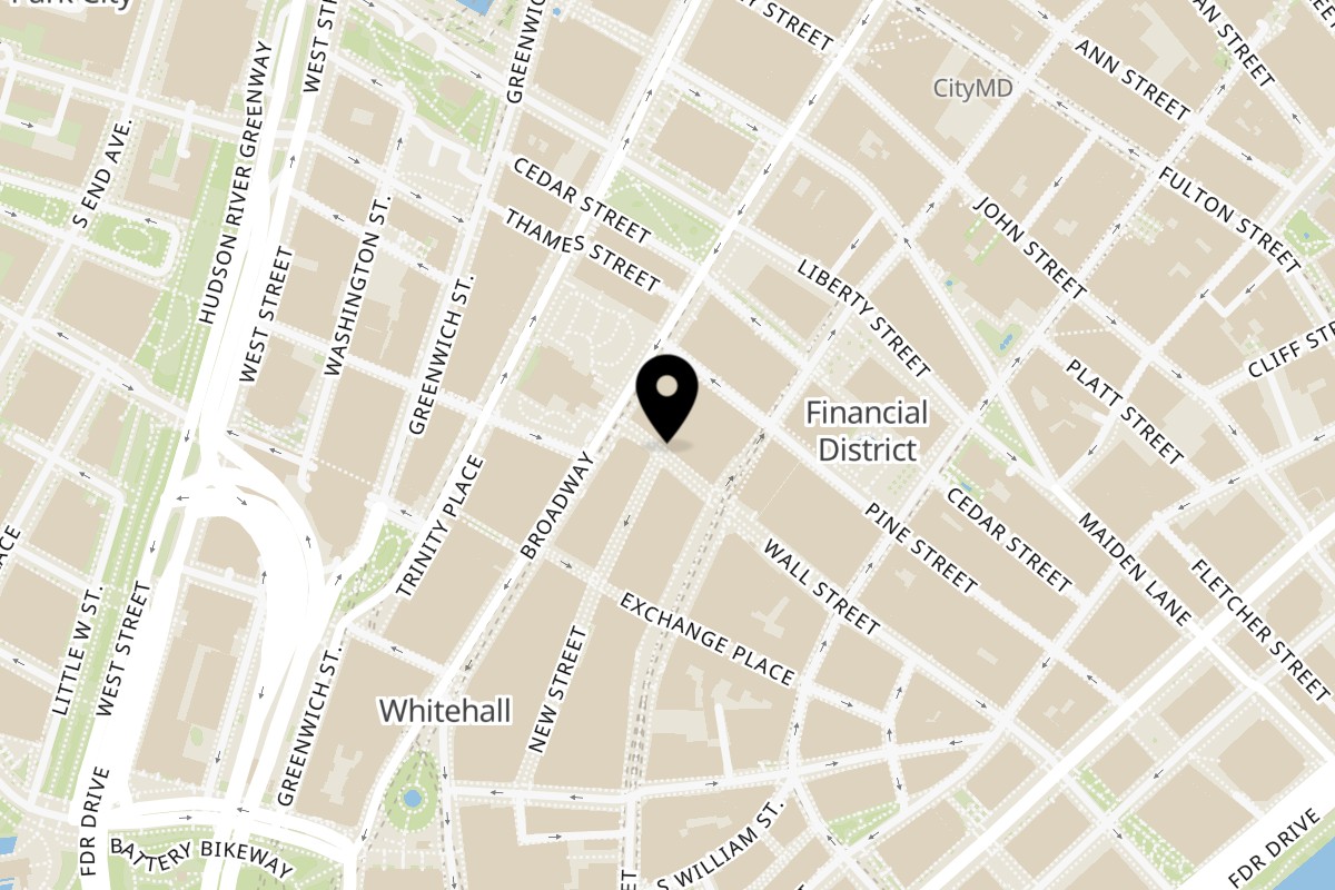 Map showing the location of Shawarma Brothers on 14 Wall Street in New York